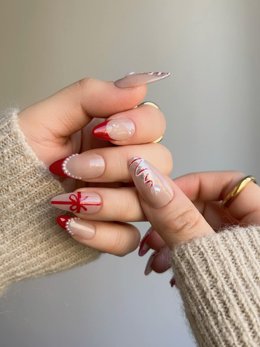 Handmade- Red Surprise Box Med Almond Press On Nail Set