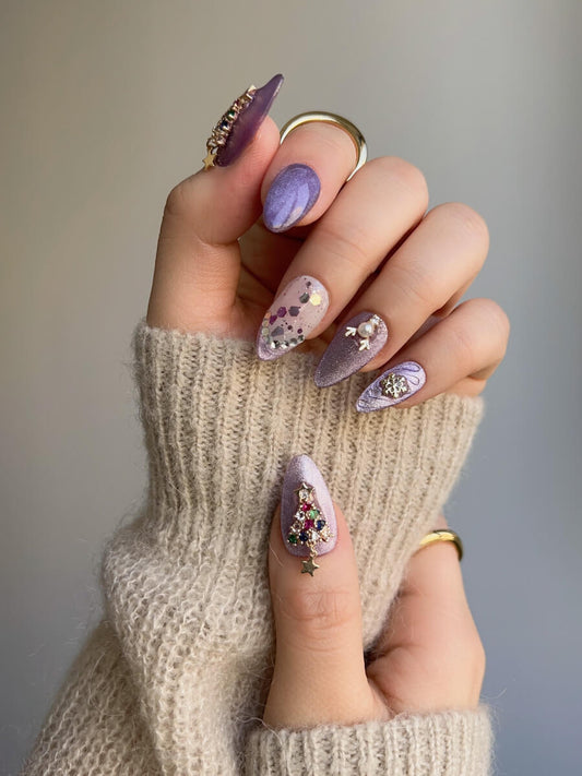 Handmade- Golden Star Light Purple Cat-eye Press On Nail Set