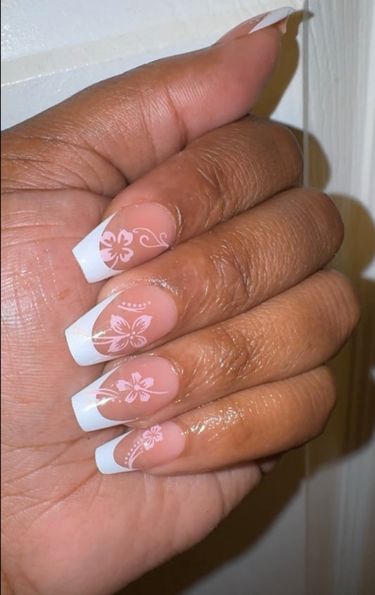 French Short Coffin Hawaiian Flower Press On Nails