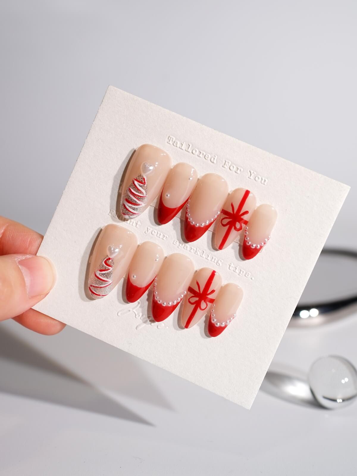 Handmade- Red Surprise Box Med Almond Press On Nail Set