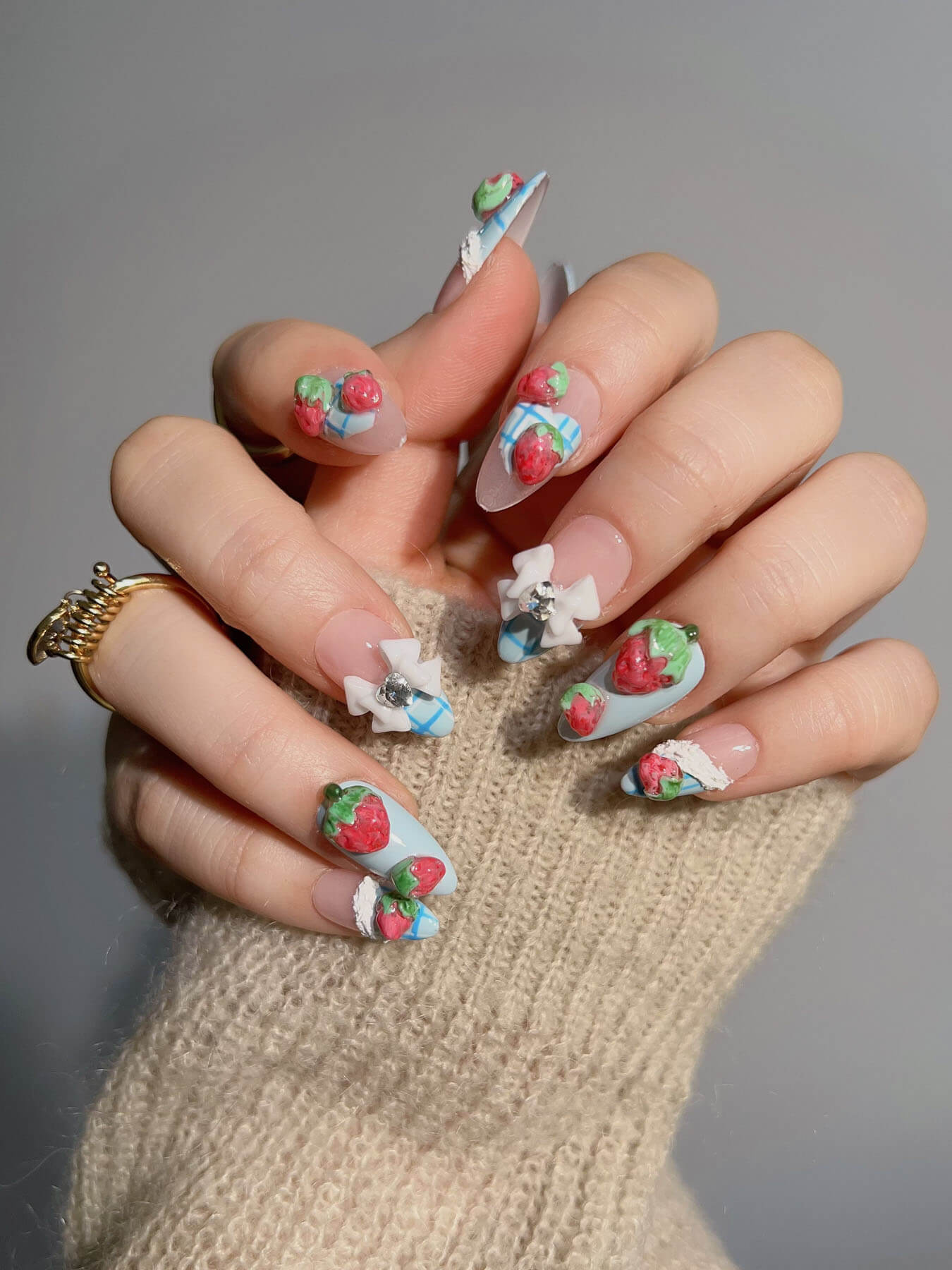 Handmade- nude and ice blue winter fusion red strawberries and bows combination of 3d press on nails