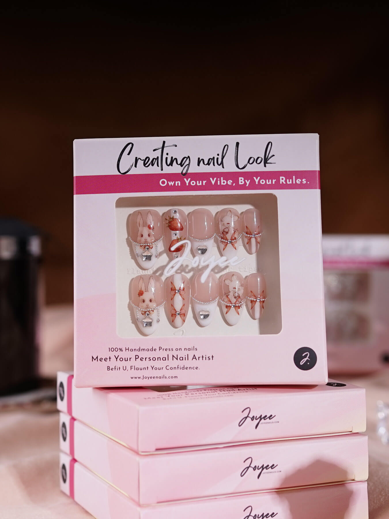 Handmade- Pink French Bunny Sparkling Pearls and Stars 3d press on nails