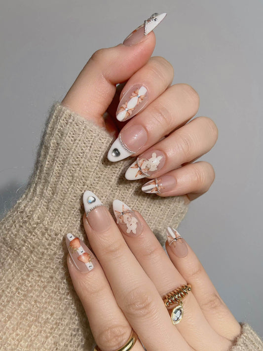 Handmade- Pink French Bunny Sparkling Pearls and Stars 3d press on nails