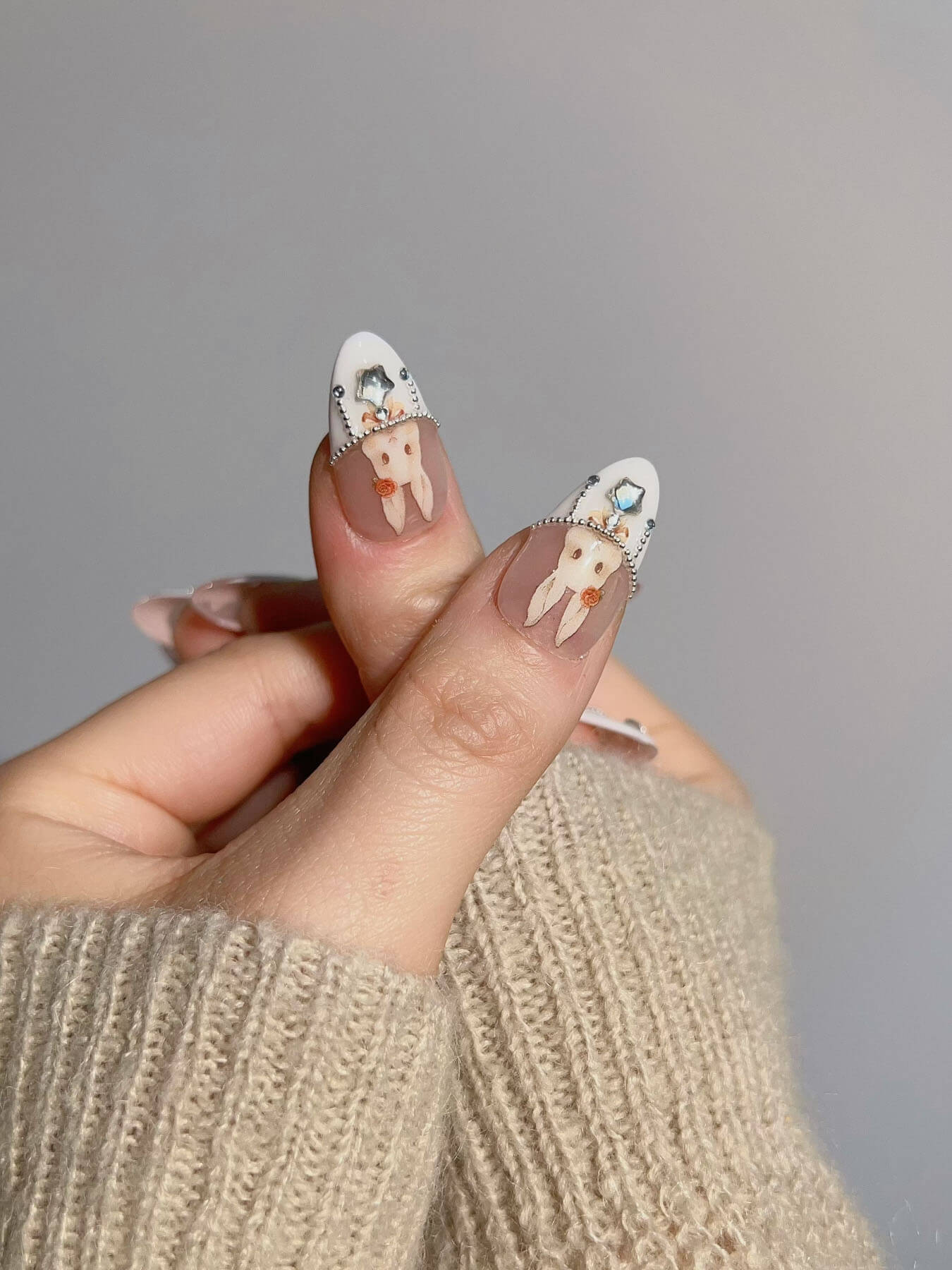 Handmade- Pink French Bunny Sparkling Pearls and Stars 3d press on nails