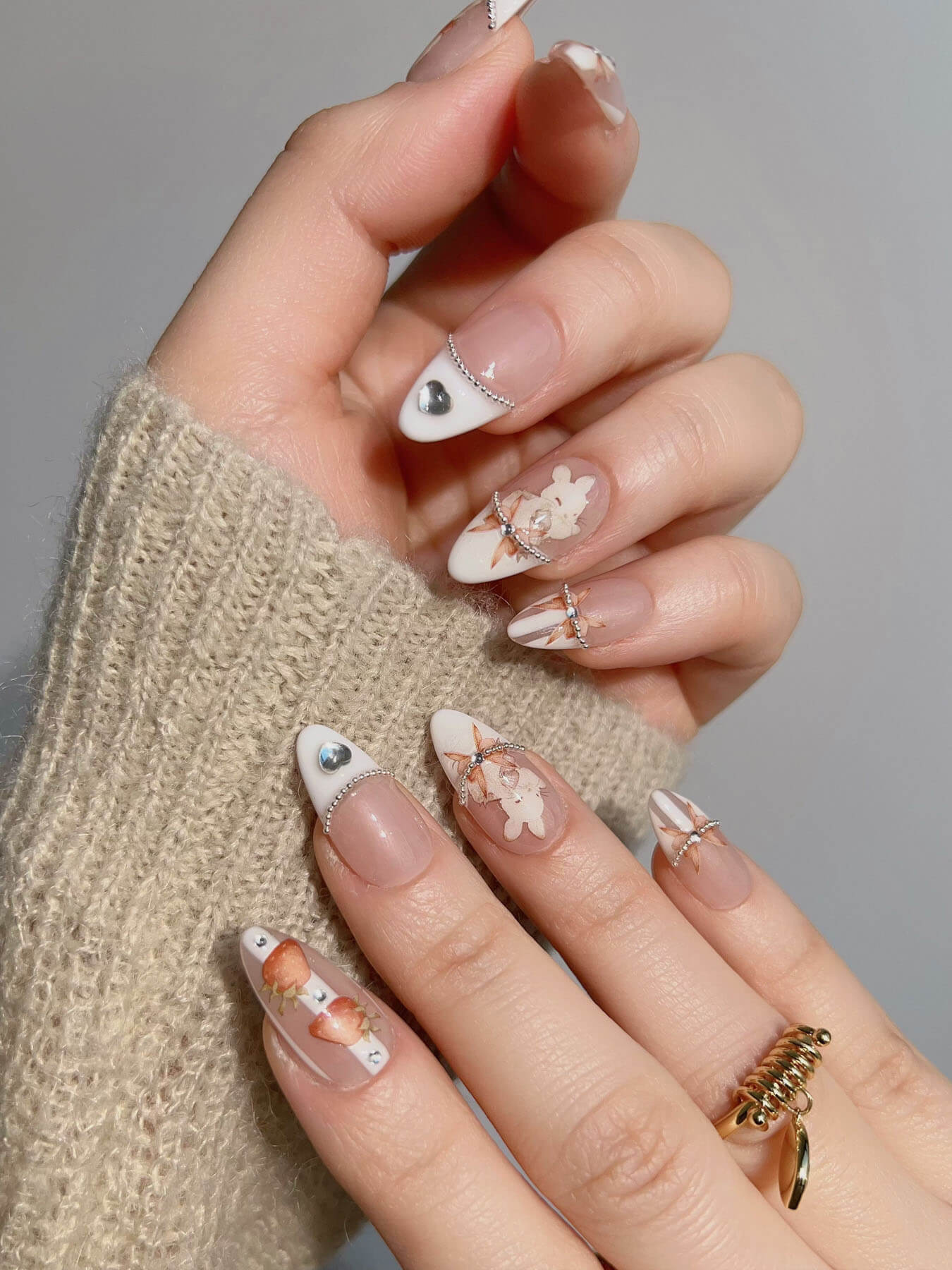 Handmade- Pink French Bunny Sparkling Pearls and Stars 3d press on nails