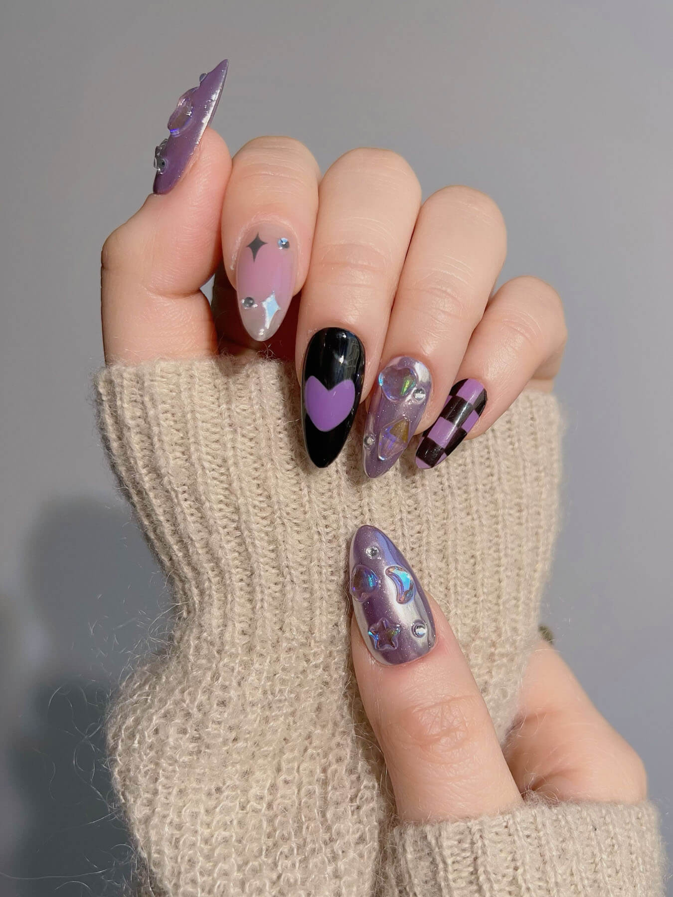 Handmade- black and purple mesh metallic stars and hearts press on nails