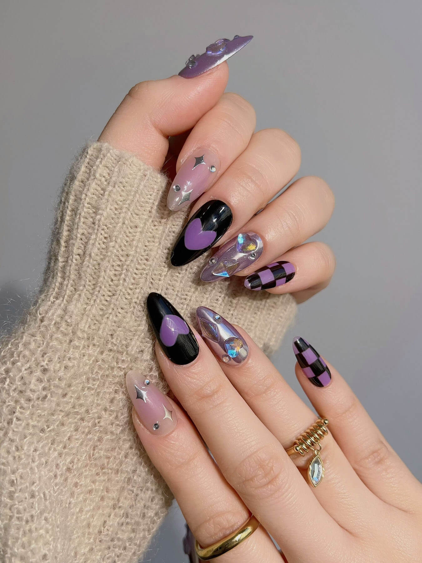 Handmade- black and purple mesh metallic stars and hearts press on nails