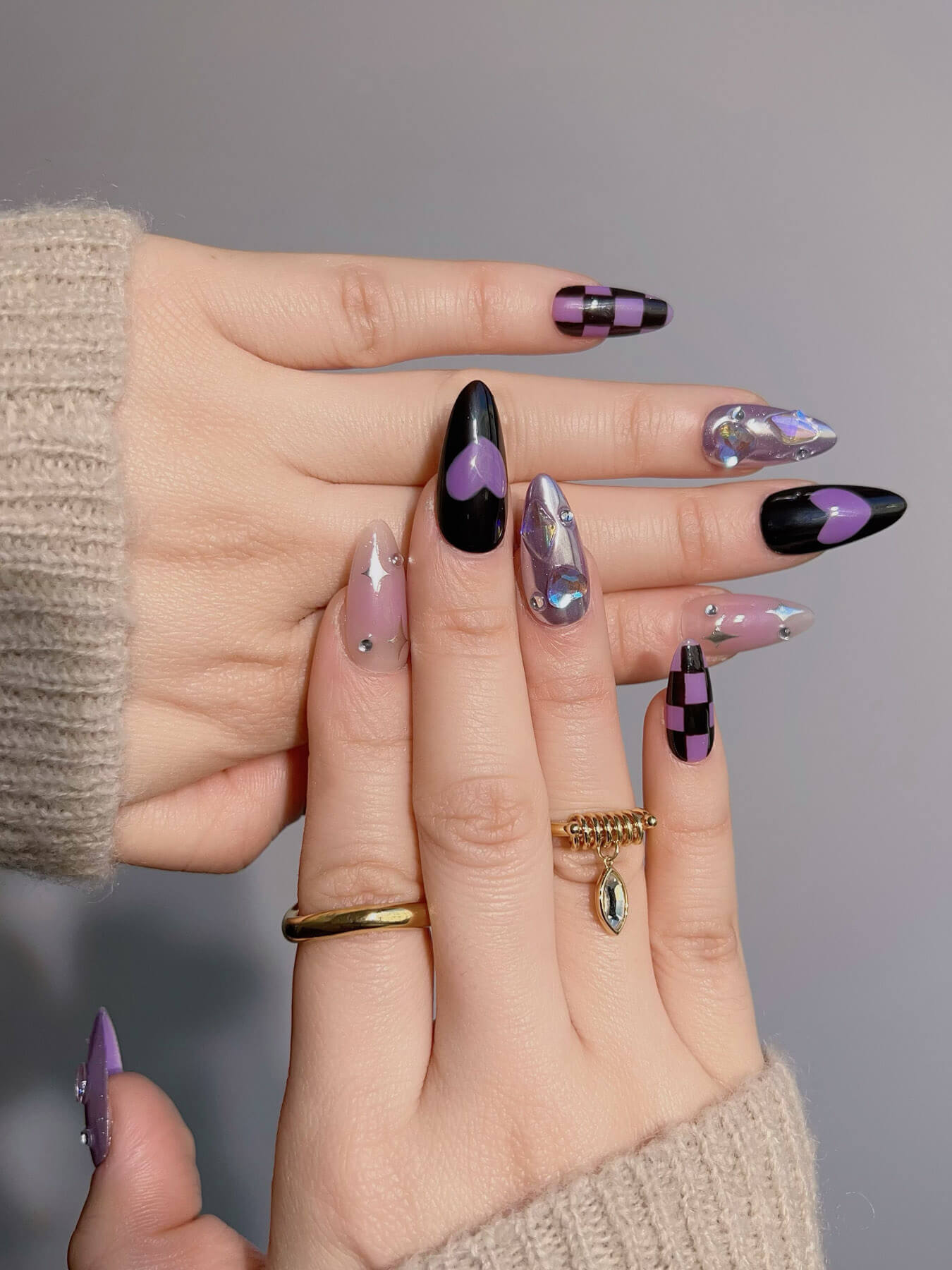 Handmade- black and purple mesh metallic stars and hearts press on nails