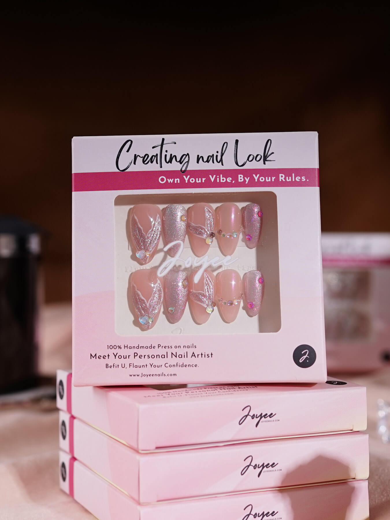 Handmade- nude pink carp tail colorful beads accessories cat eye press on nails