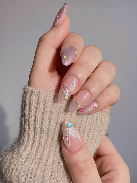 Handmade- nude pink carp tail colorful beads accessories cat eye press on nails