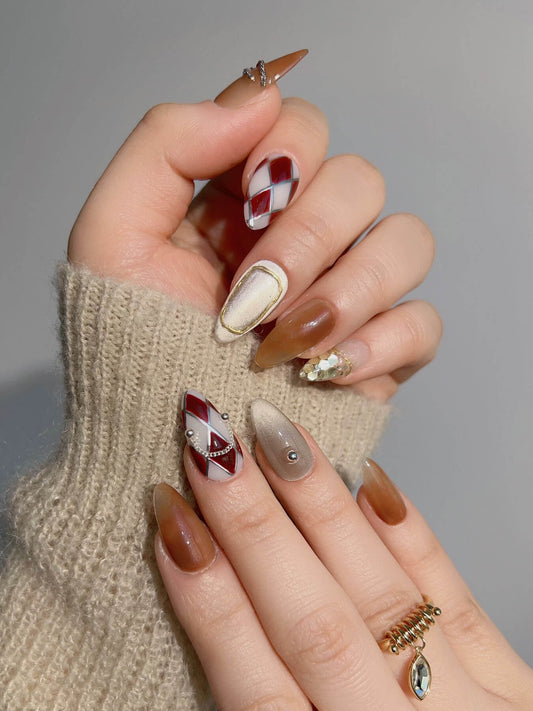 handmade- gold sequins plaid pattern gold trimmed cat's eye press on nails