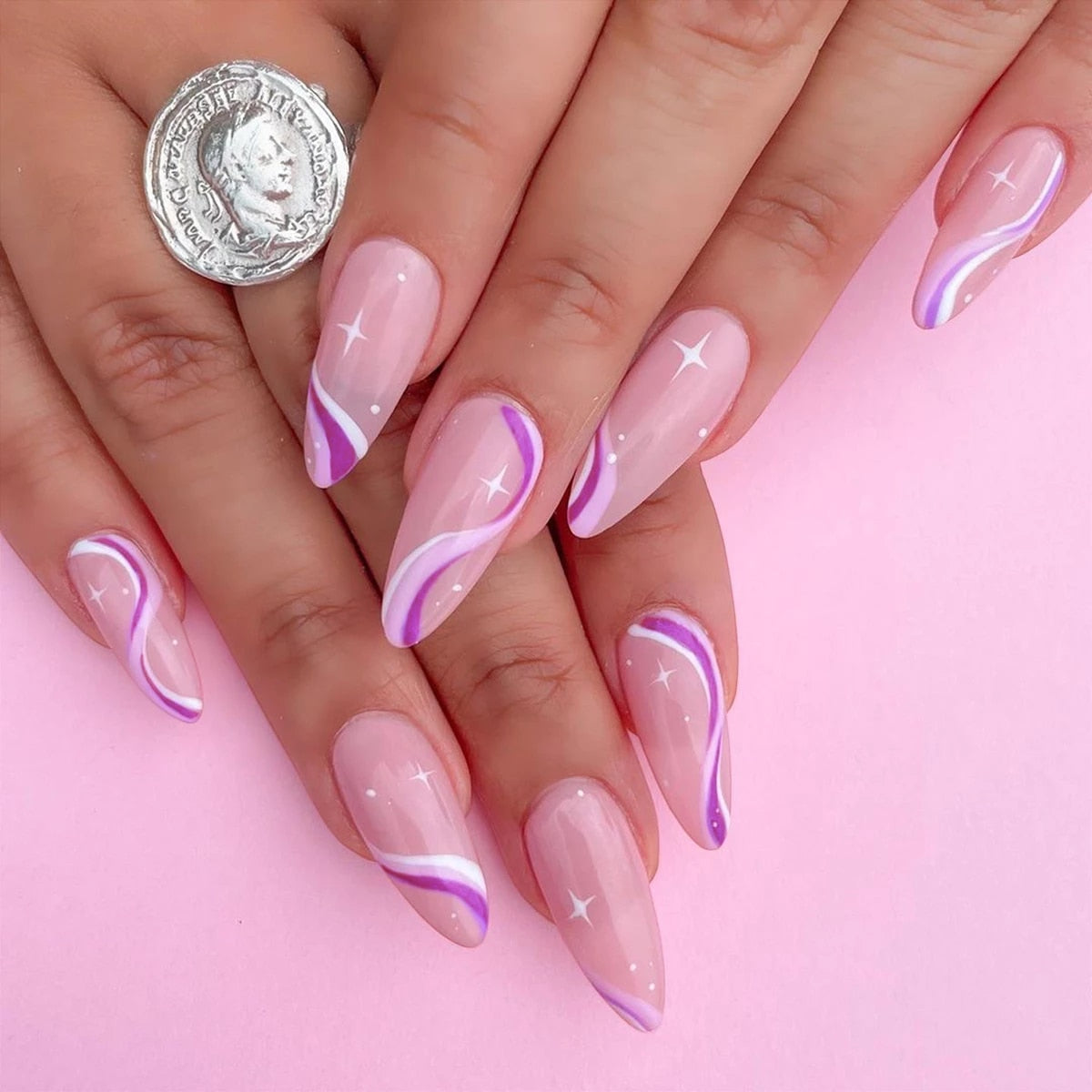 24pcs Pink Butterfly False Nails