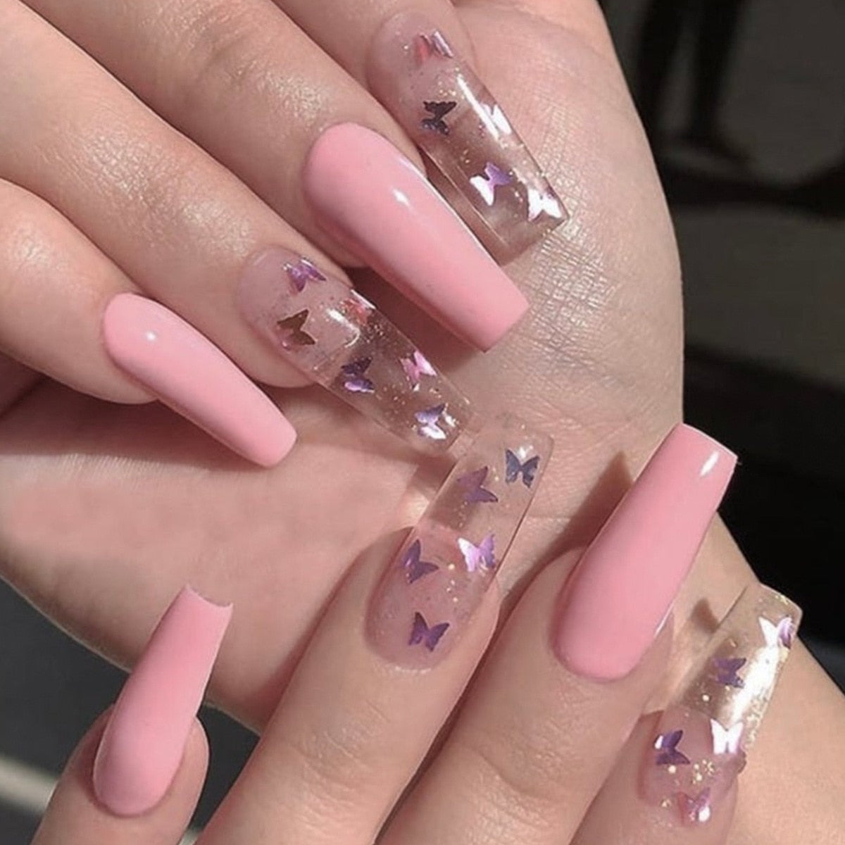 24pcs Pink Butterfly False Nails