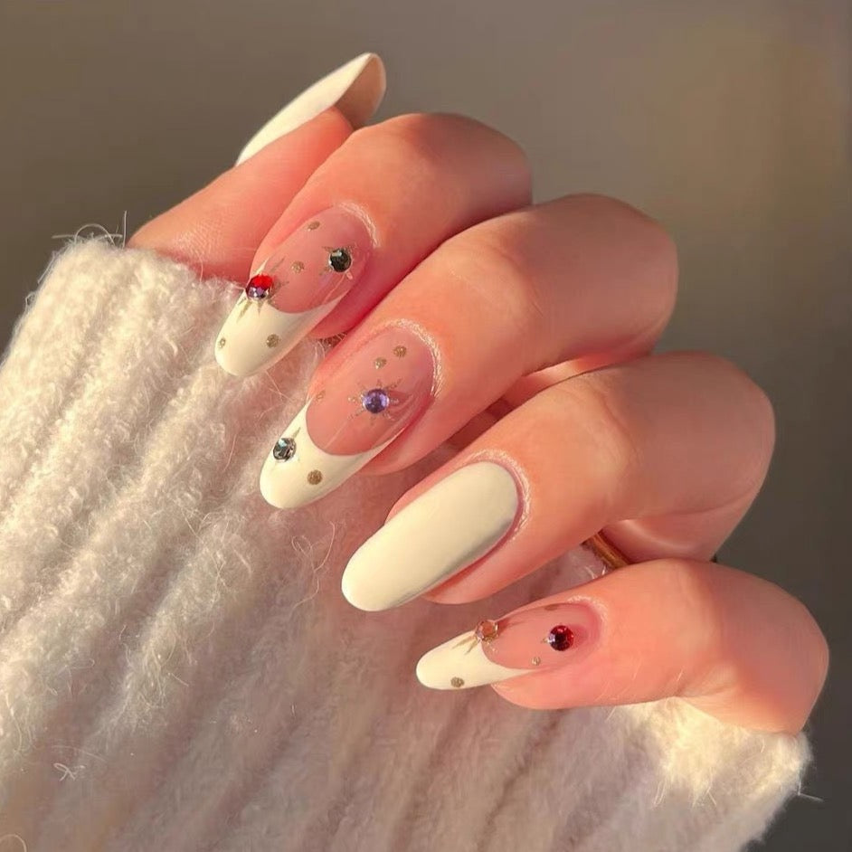 Snowy Rainbow Handcrafted Custom Almond French-style Wearable Nails