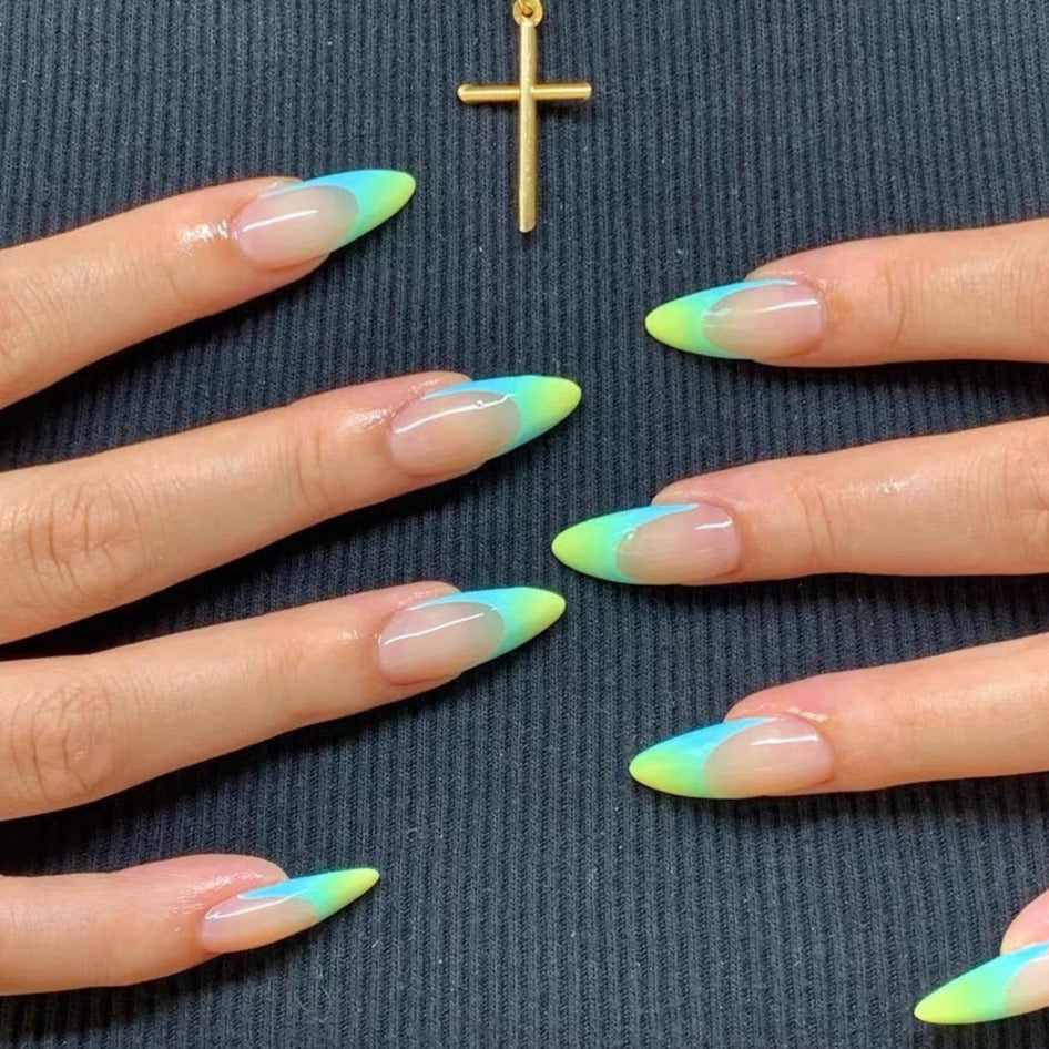 Ocean Blue Handcrafted Custom Almond French-style Wearable Nails