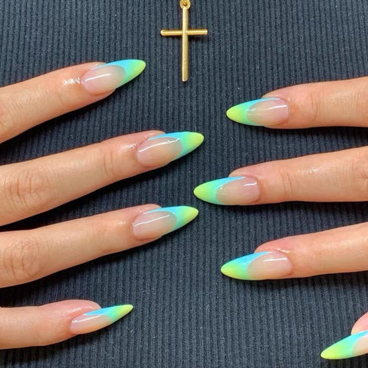 Ocean Blue Handcrafted Custom Almond French-style Wearable Nails