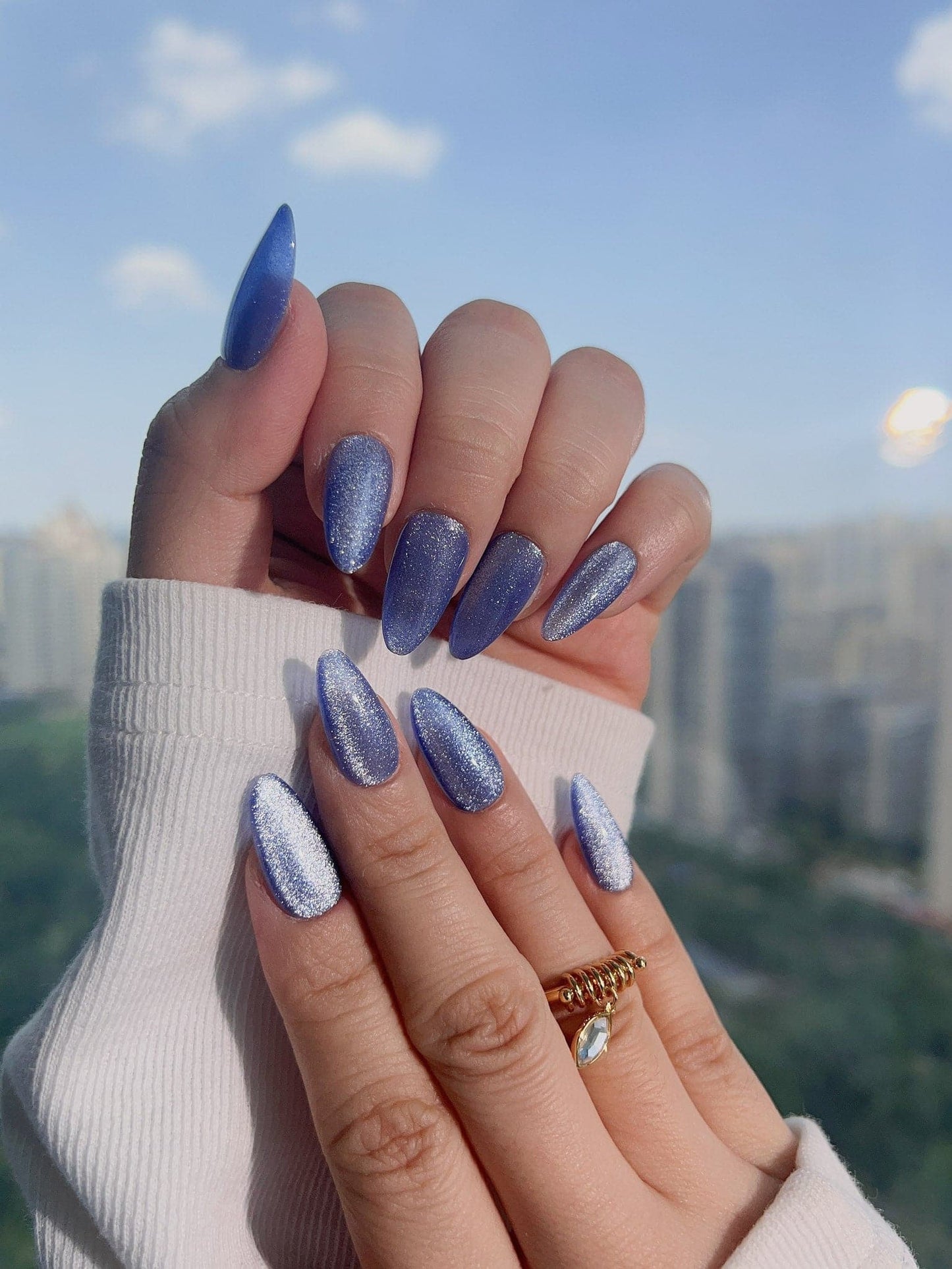 Handmade- Blue Cat-eye Press On Nail Set