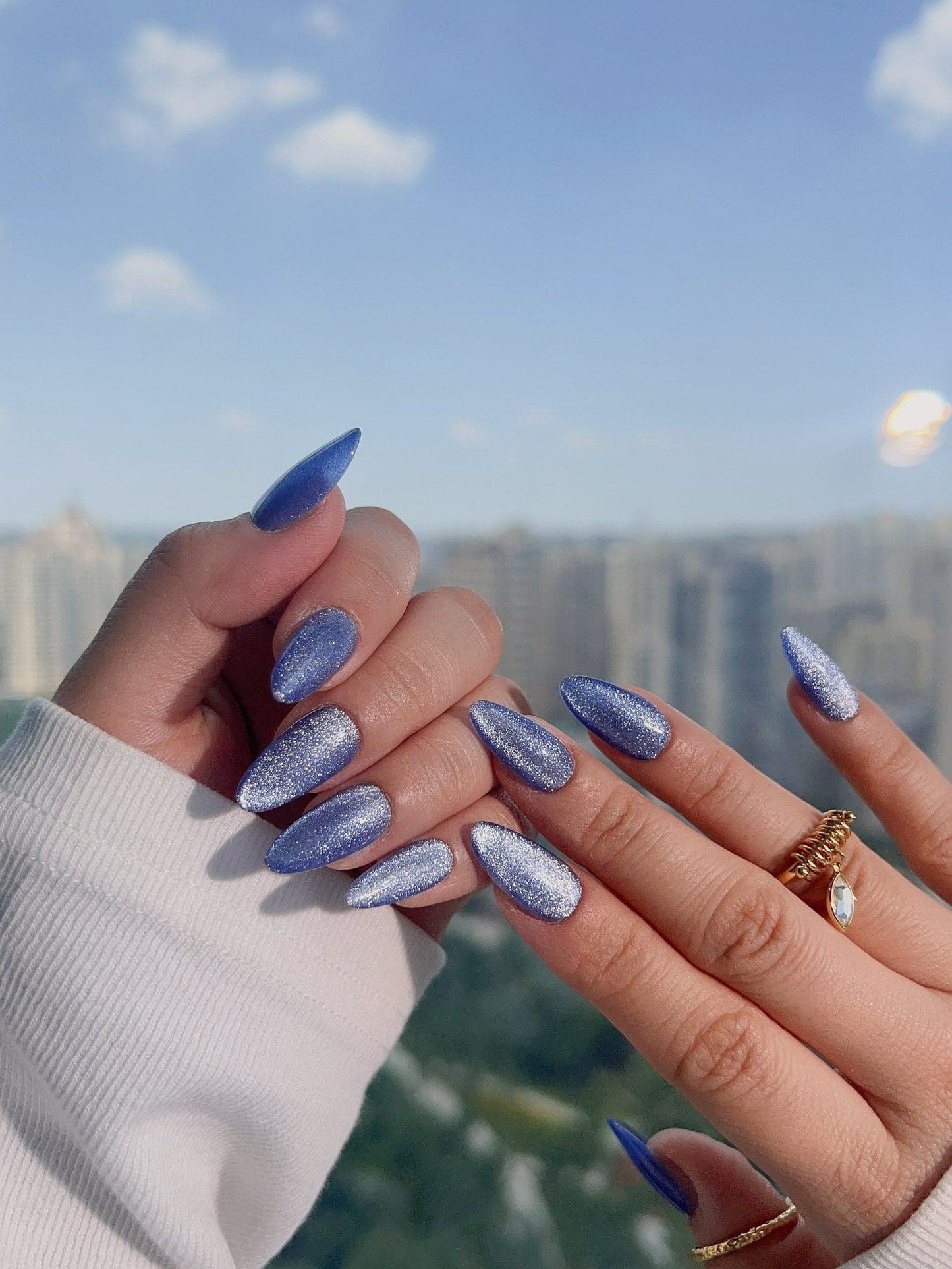 Handmade- Blue Cat-eye Press On Nail Set