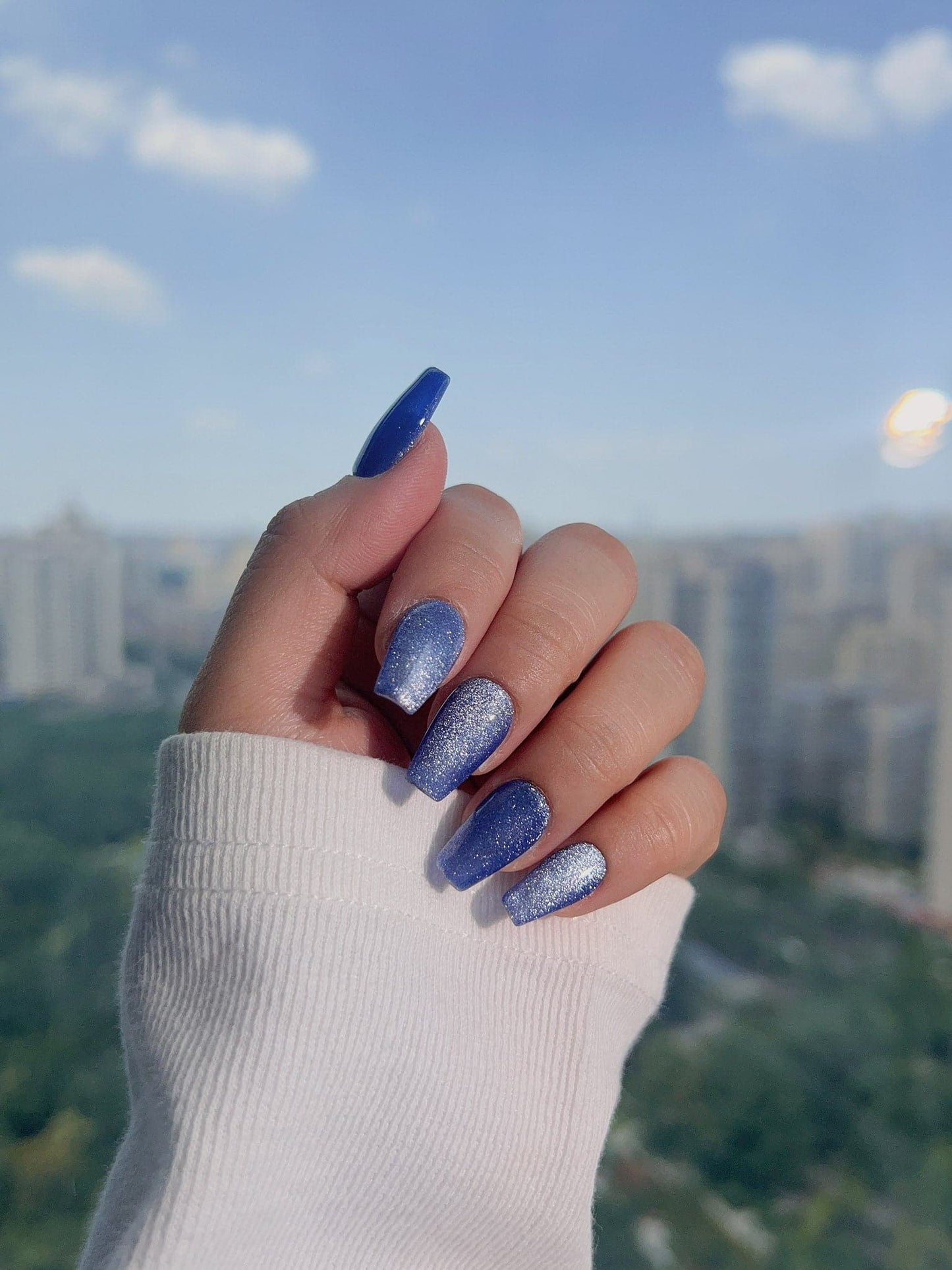 Handmade- Blue Cat-eye Press On Nail Set