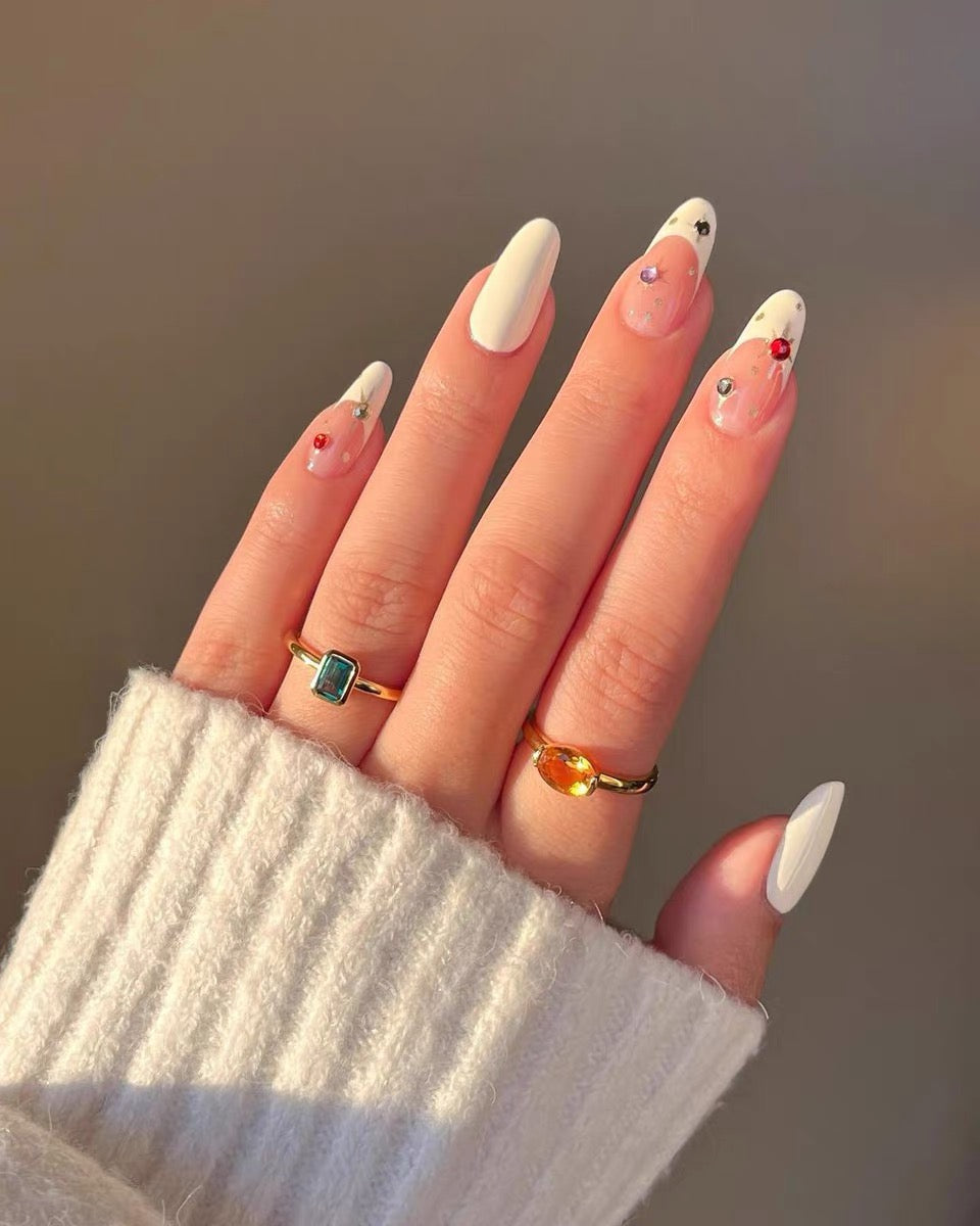 Snowy Rainbow Handcrafted Custom Almond French-style Wearable Nails