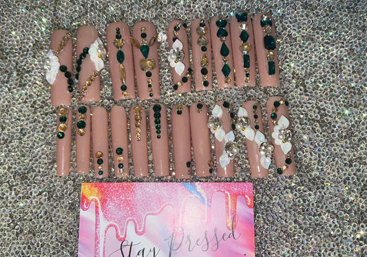 Nude, Green & Gold XXL Square Bling Press On Nails With Flowers
