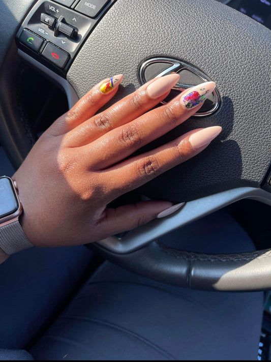 Nude Press On Nails With Colorful Foil