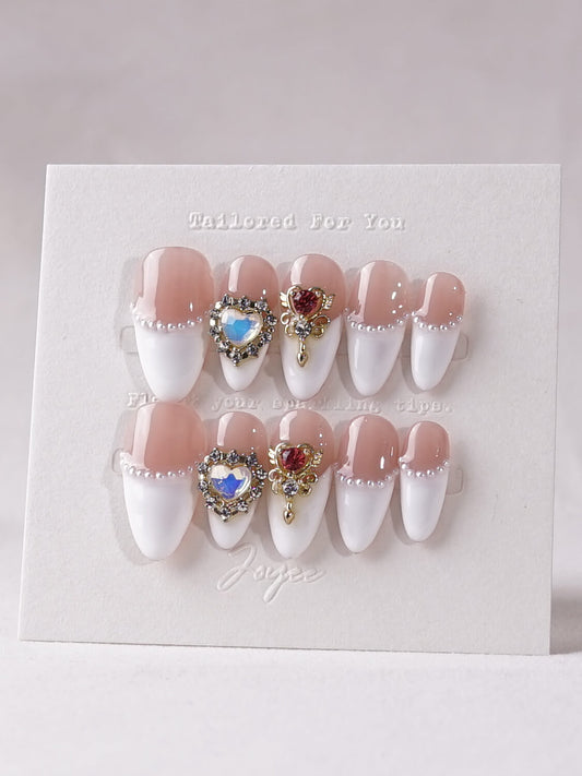 Handmade- White Nails Whispering Blossoms Press On Nail Set