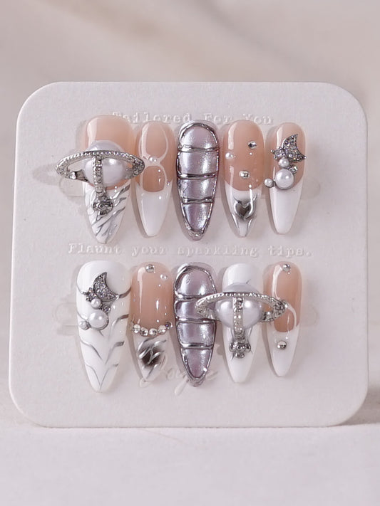 Handmade- Metallic Silver Press On Nail Set