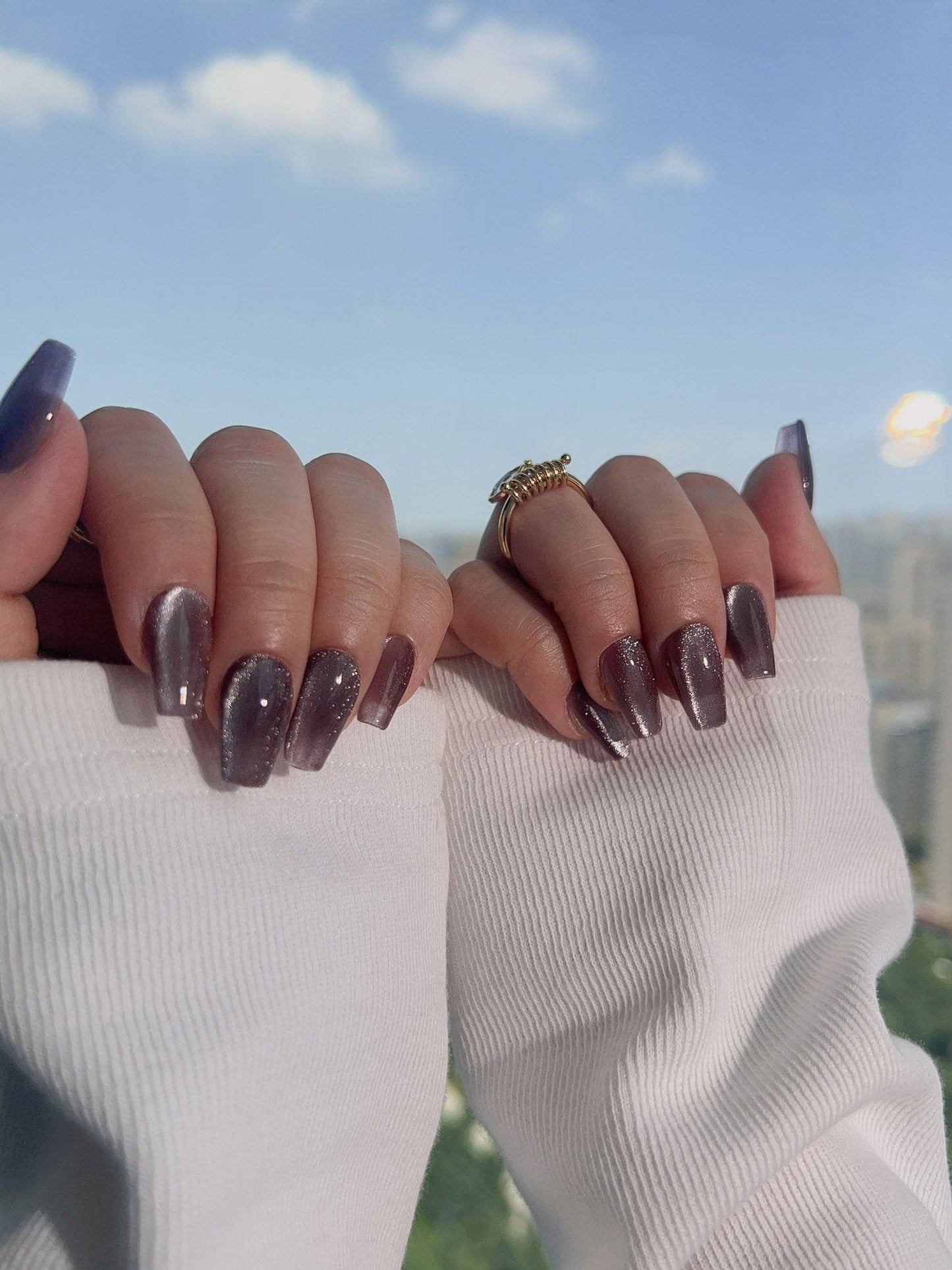 Handmade- Dark Coffin Cat-eye Press On Nail Set