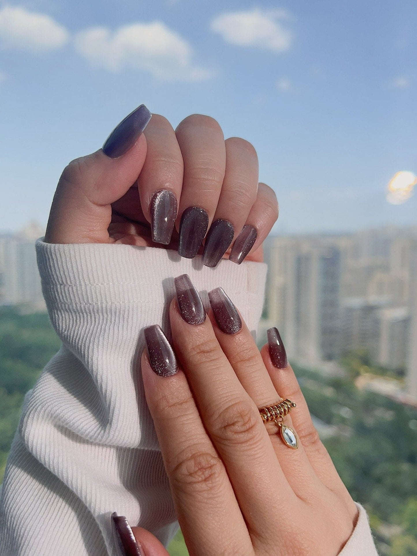 Handmade- Dark Coffin Cat-eye Press On Nail Set