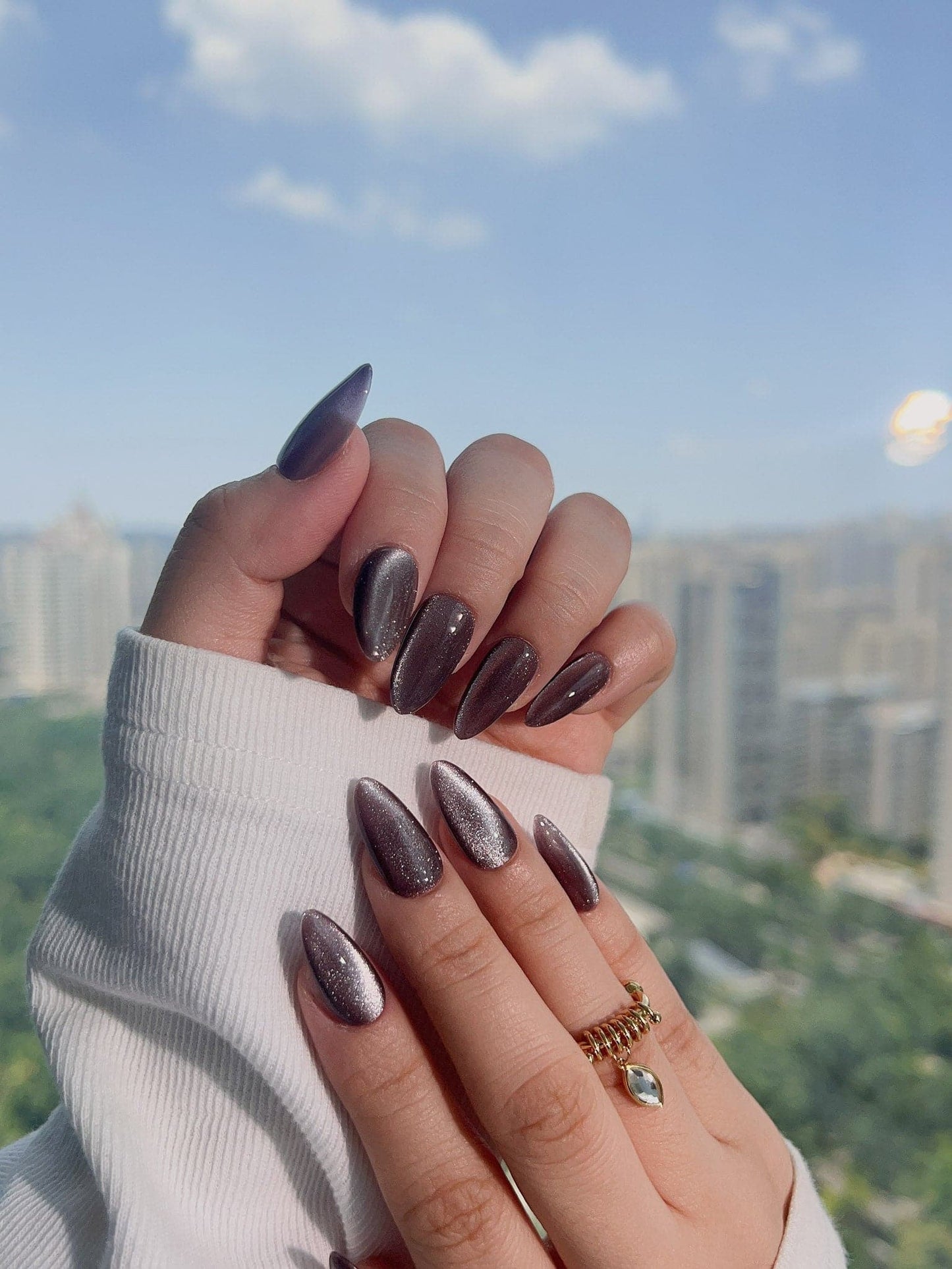 Handmade- Dark Coffin Cat-eye Press On Nail Set